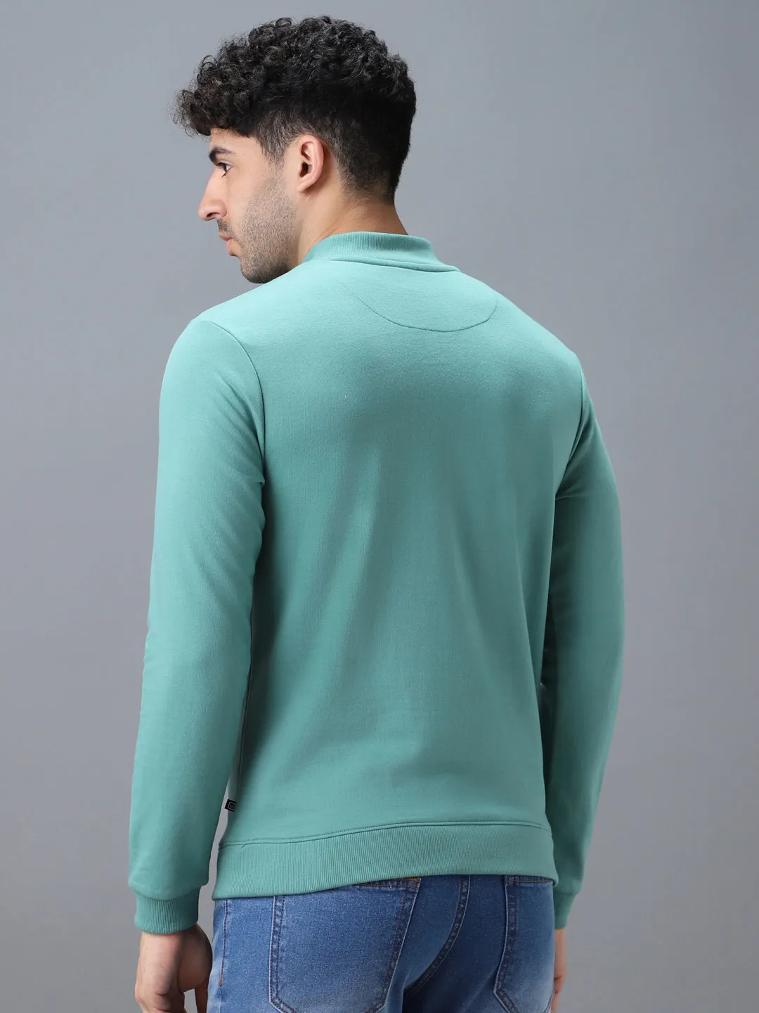 Men's Green Cotton Solid Button High Neck Sweatshirt