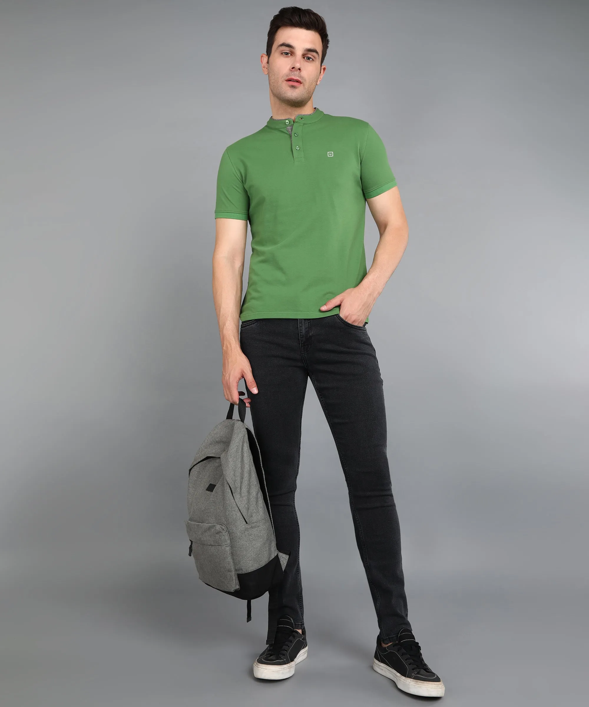 Men's Green Solid Slim Fit Half Sleeve Cotton Polo T-Shirt with Mandarin Collar