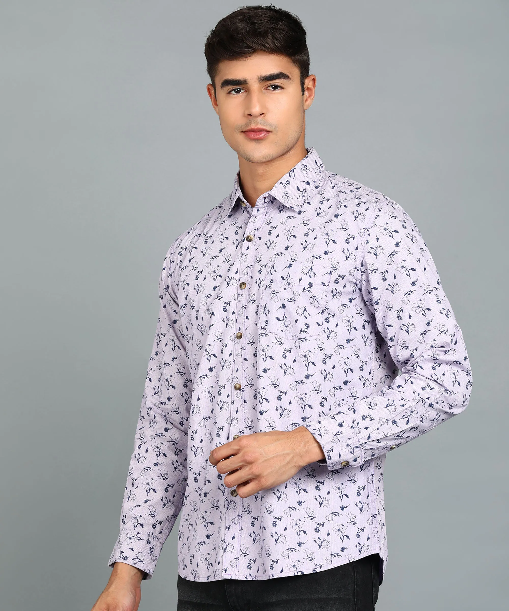 Men's Grey Cotton Full Sleeve Slim Fit Casual Printed Shirt