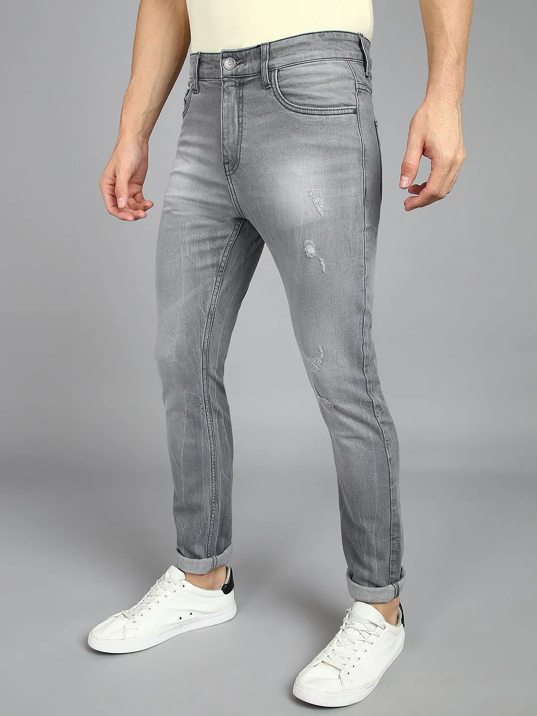 Men's Grey Slim Fit Heavy Washed Mild Distressed Jeans Stretchable