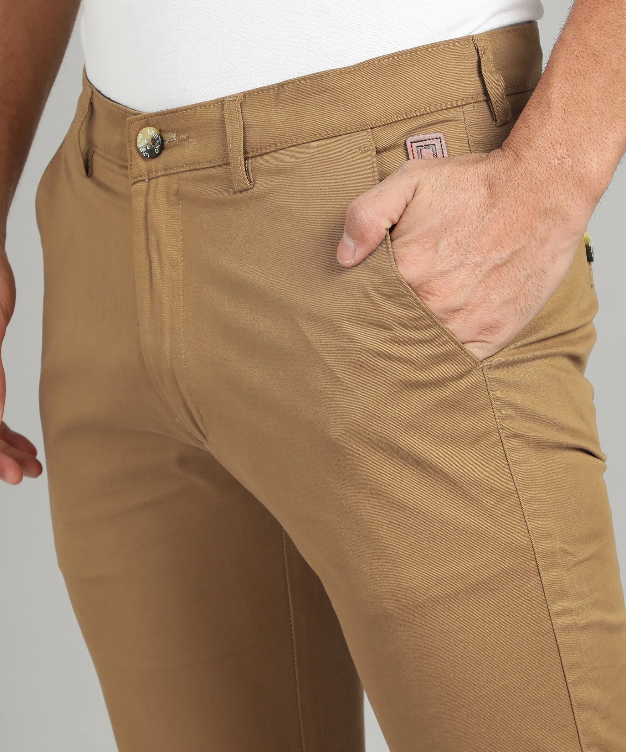 Men's Khaki Cotton Slim Fit Casual Chinos Trousers Stretch