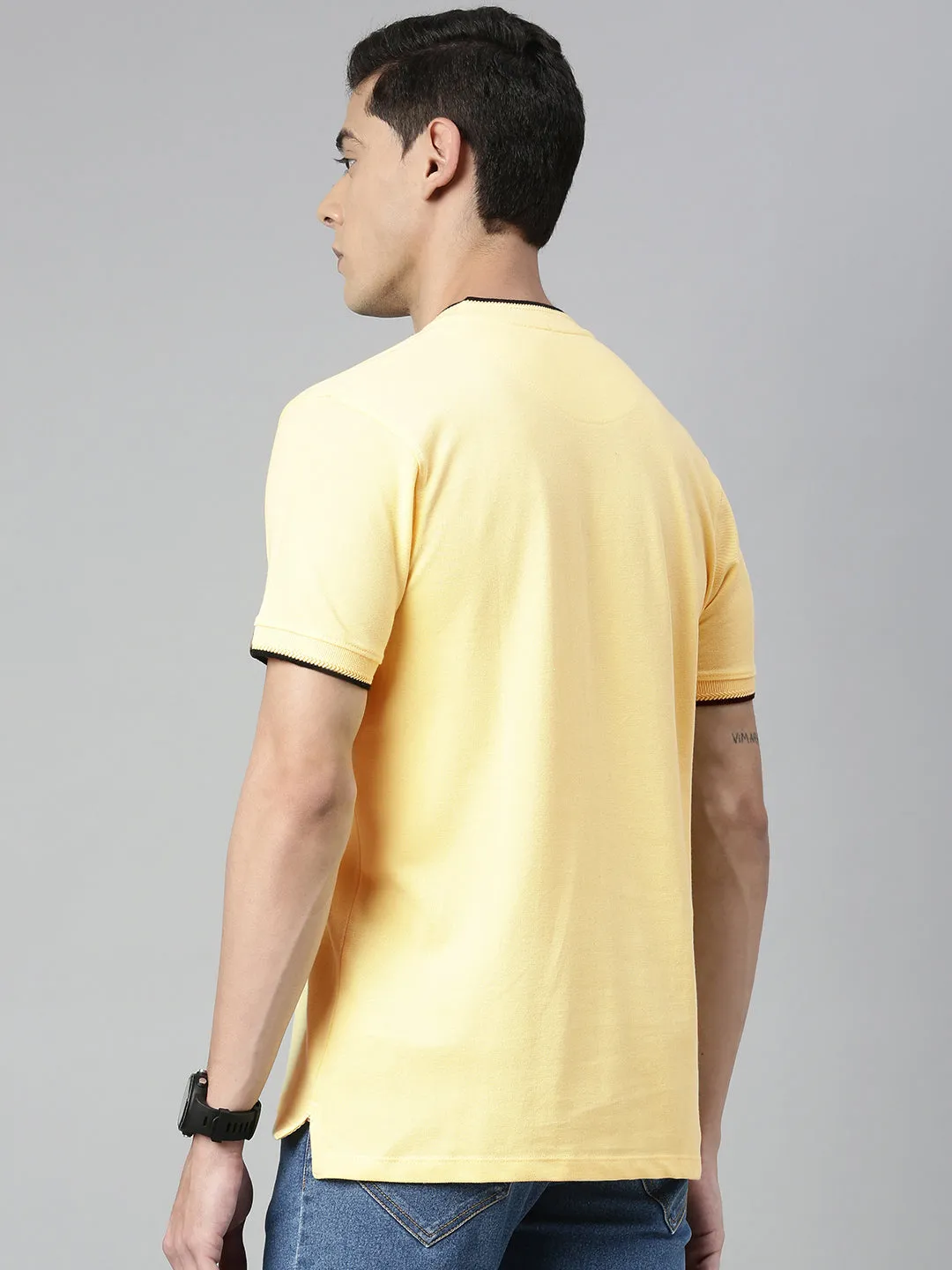 Men's Lemon Yellow Solid Mandarin Collar Slim Fit Cotton Polo T-Shirt