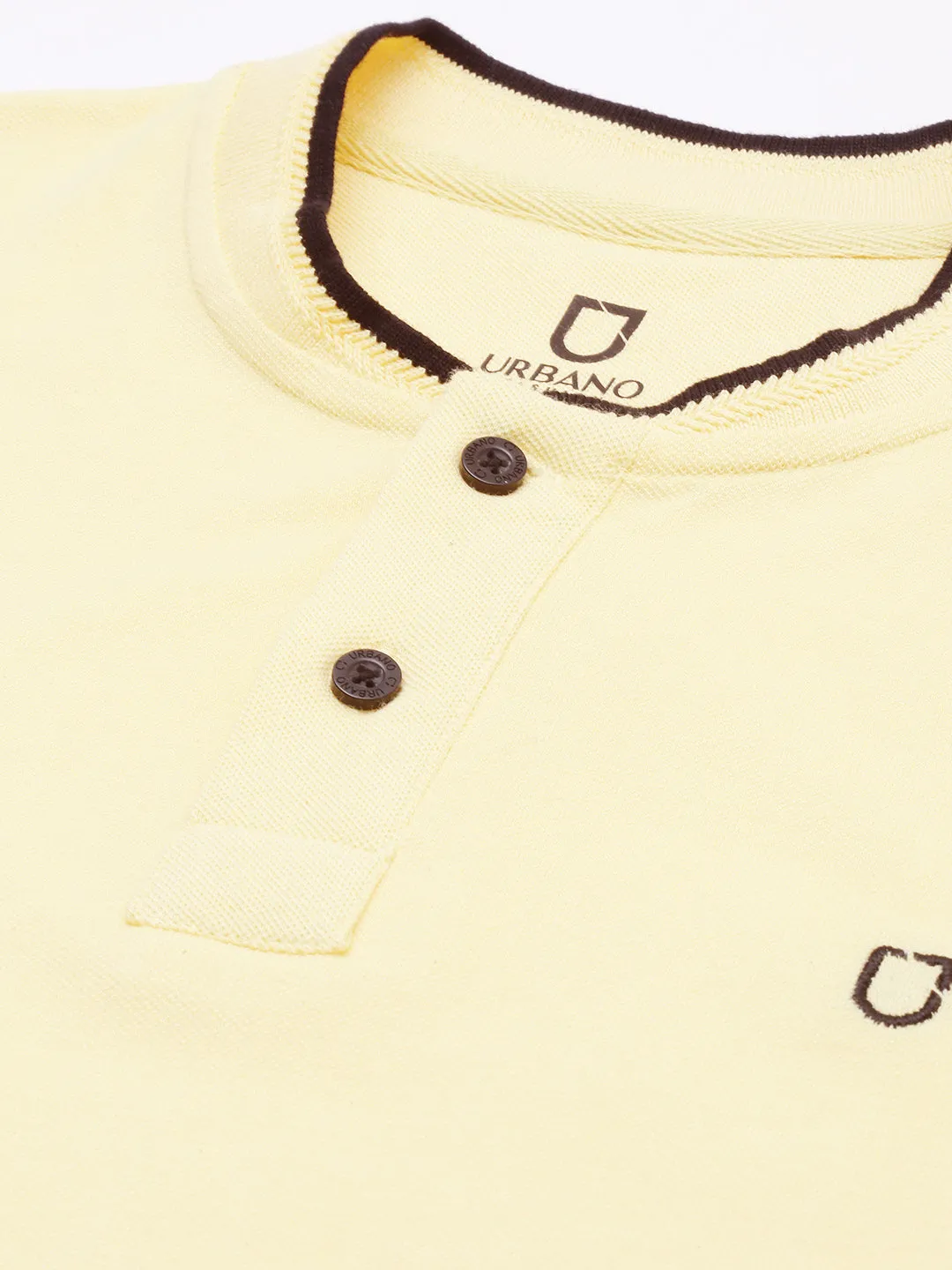 Men's Lemon Yellow Solid Mandarin Collar Slim Fit Cotton Polo T-Shirt