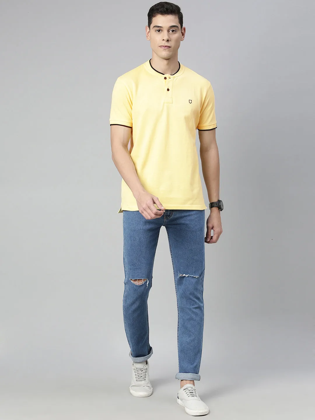 Men's Lemon Yellow Solid Mandarin Collar Slim Fit Cotton Polo T-Shirt