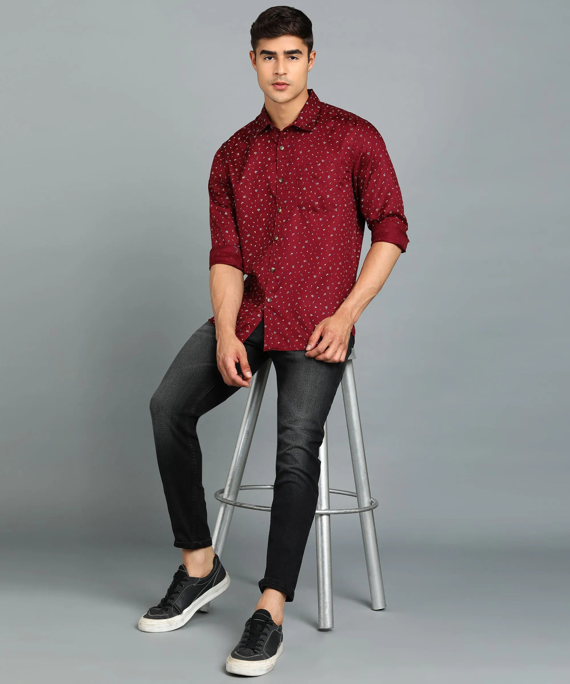 Men's Maroon Cotton Full Sleeve Slim Fit Casual Printed Shirt