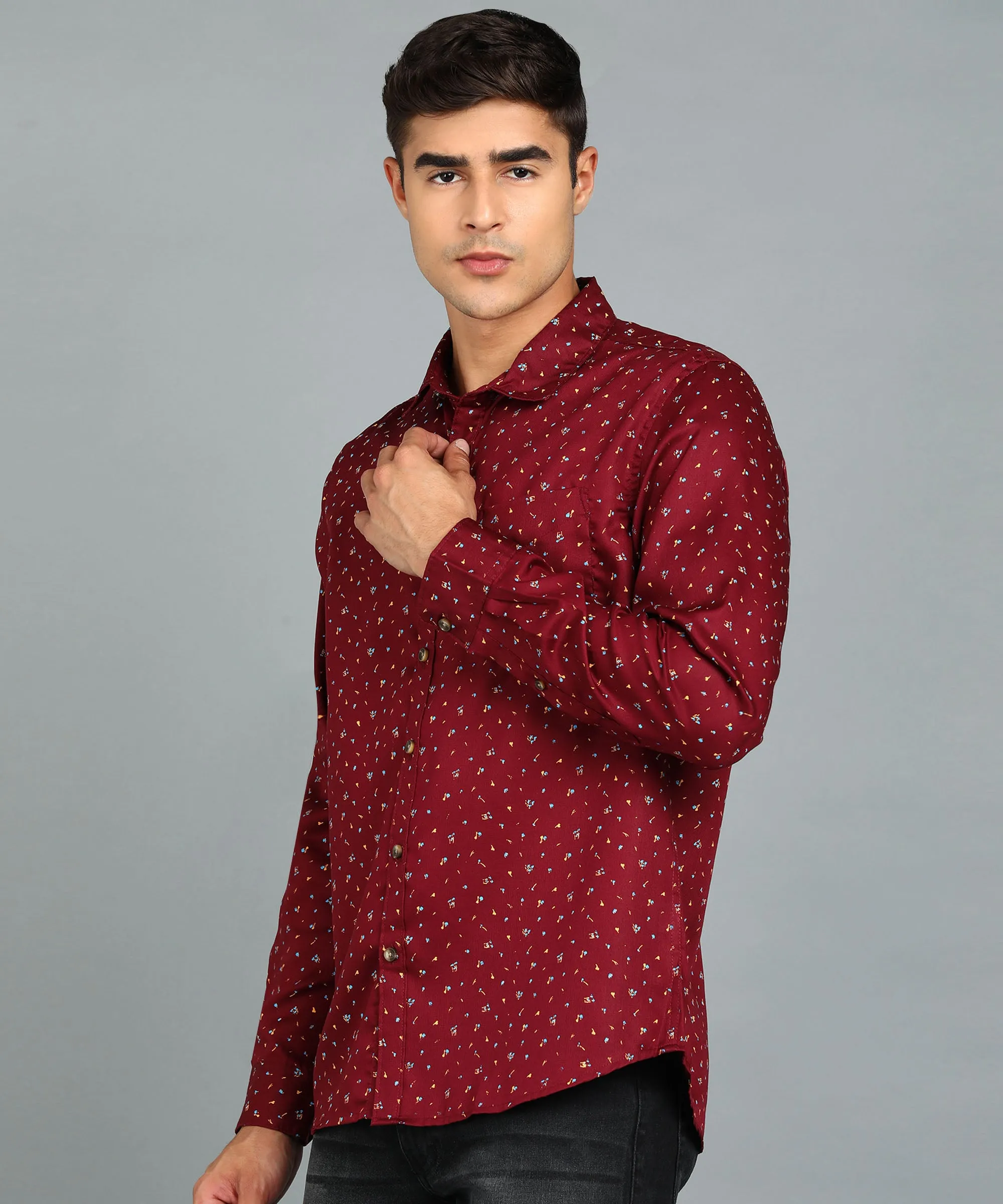 Men's Maroon Cotton Full Sleeve Slim Fit Casual Printed Shirt