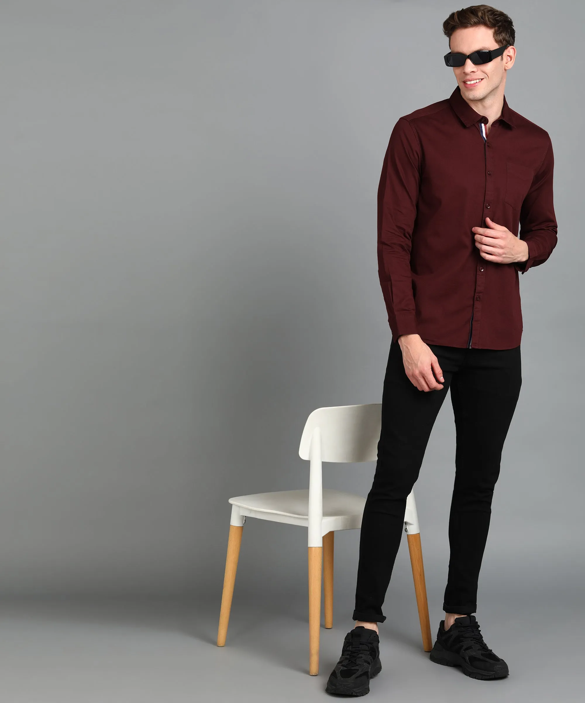 Men's Maroon Cotton Full Sleeve Slim Fit Casual Solid Shirt