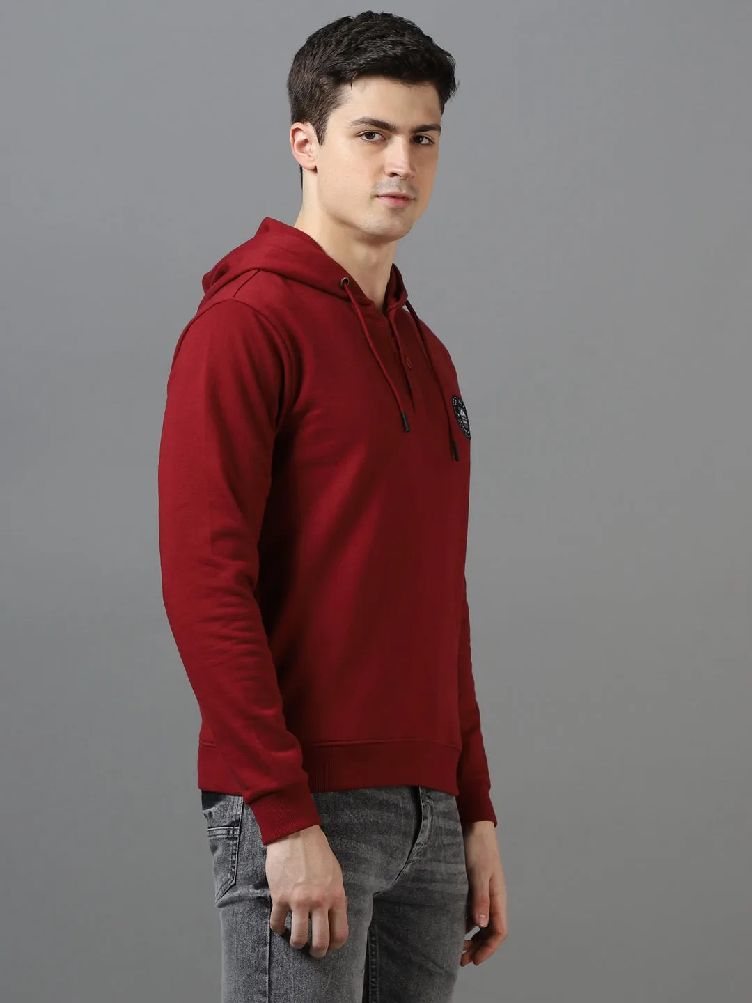 Men's Maroon Cotton Solid Button Hooded Neck Sweatshirt