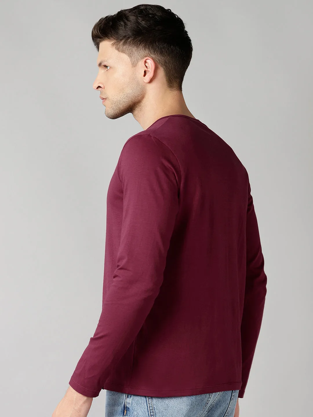 Men's Maroon Solid Henley Neck Slim Fit Full Sleeve Cotton T-Shirt