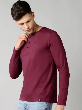 Men's Maroon Solid Henley Neck Slim Fit Full Sleeve Cotton T-Shirt