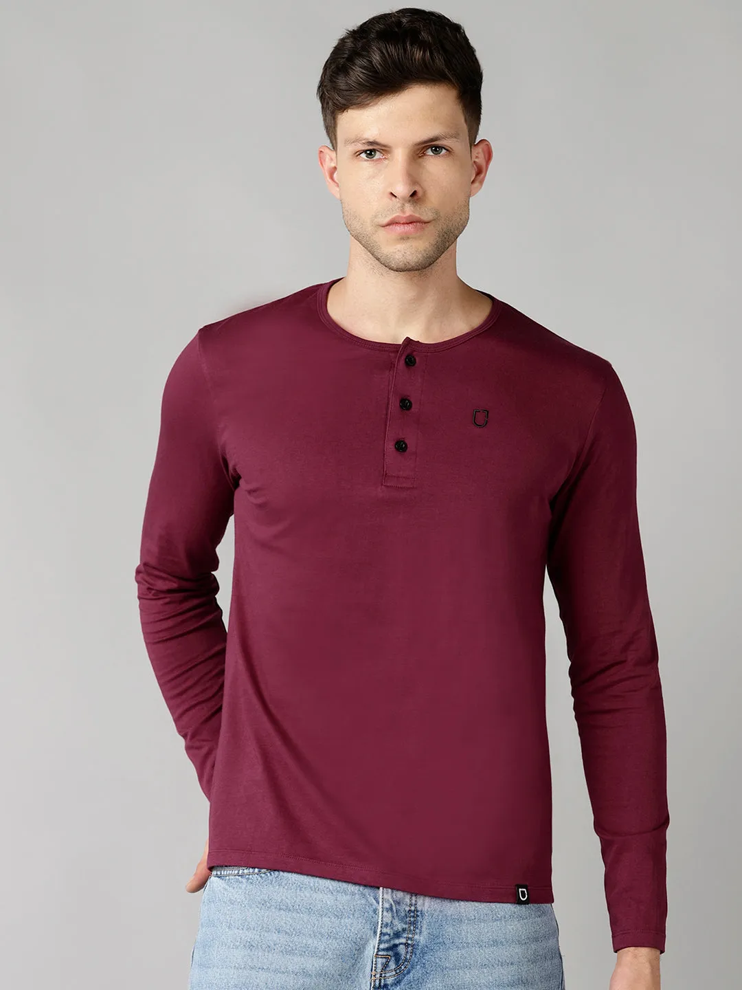 Men's Maroon Solid Henley Neck Slim Fit Full Sleeve Cotton T-Shirt