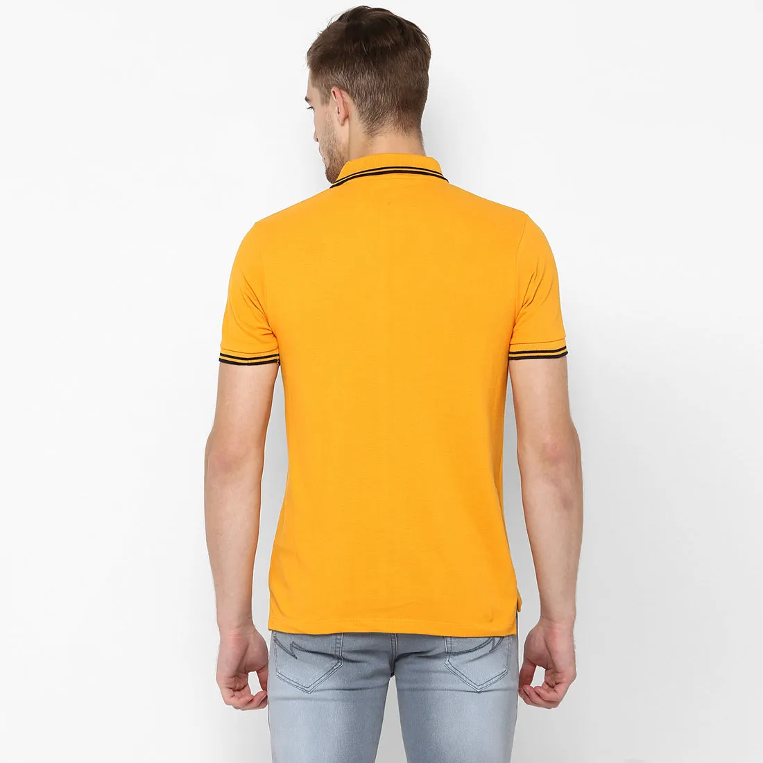 Men's Mustard Solid Mandarin Collar Slim Fit Cotton Polo T-Shirt