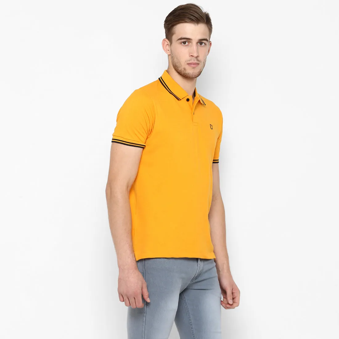 Men's Mustard Solid Mandarin Collar Slim Fit Cotton Polo T-Shirt