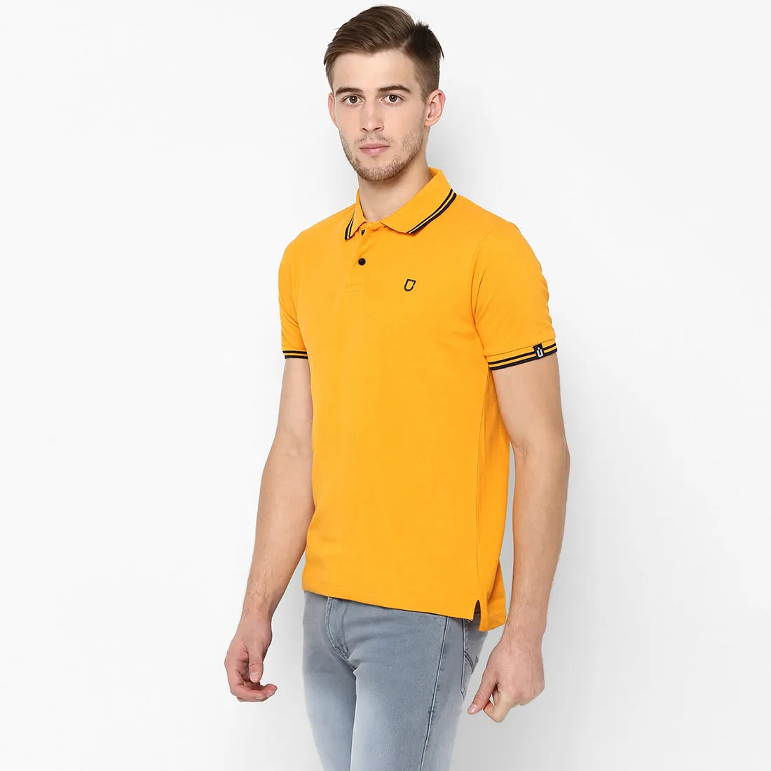 Men's Mustard Solid Mandarin Collar Slim Fit Cotton Polo T-Shirt