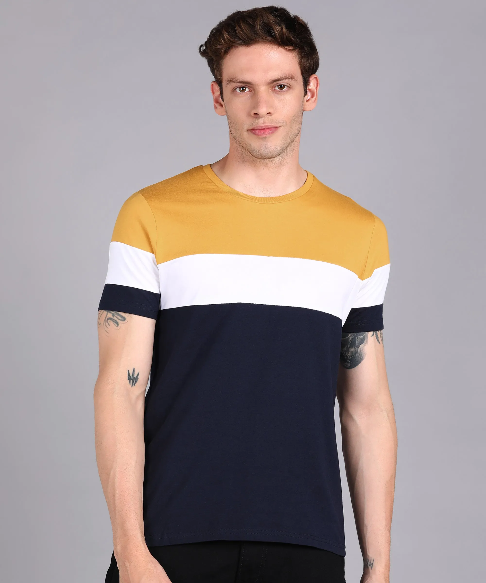 Men's Navy Blue, White, Gold Cotton Color-Block Slim Fit Half Sleeve T-Shirt