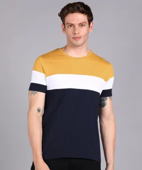 Men's Navy Blue, White, Gold Cotton Color-Block Slim Fit Half Sleeve T-Shirt