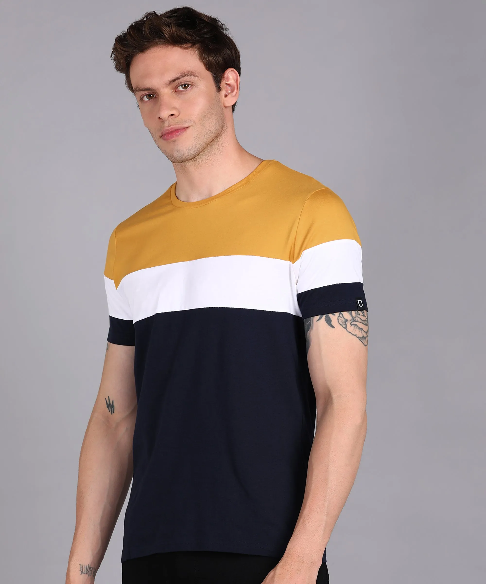 Men's Navy Blue, White, Gold Cotton Color-Block Slim Fit Half Sleeve T-Shirt