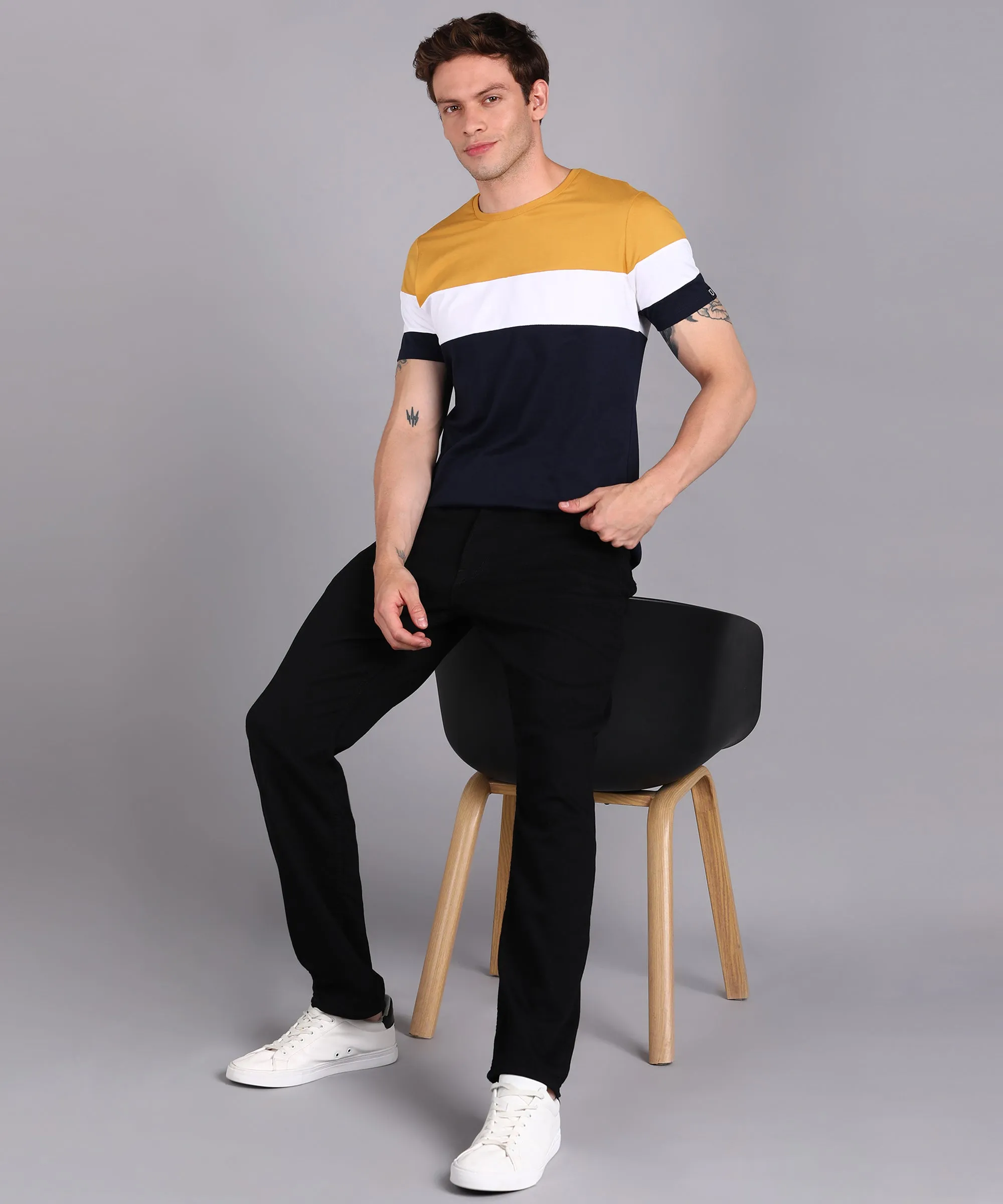 Men's Navy Blue, White, Gold Cotton Color-Block Slim Fit Half Sleeve T-Shirt