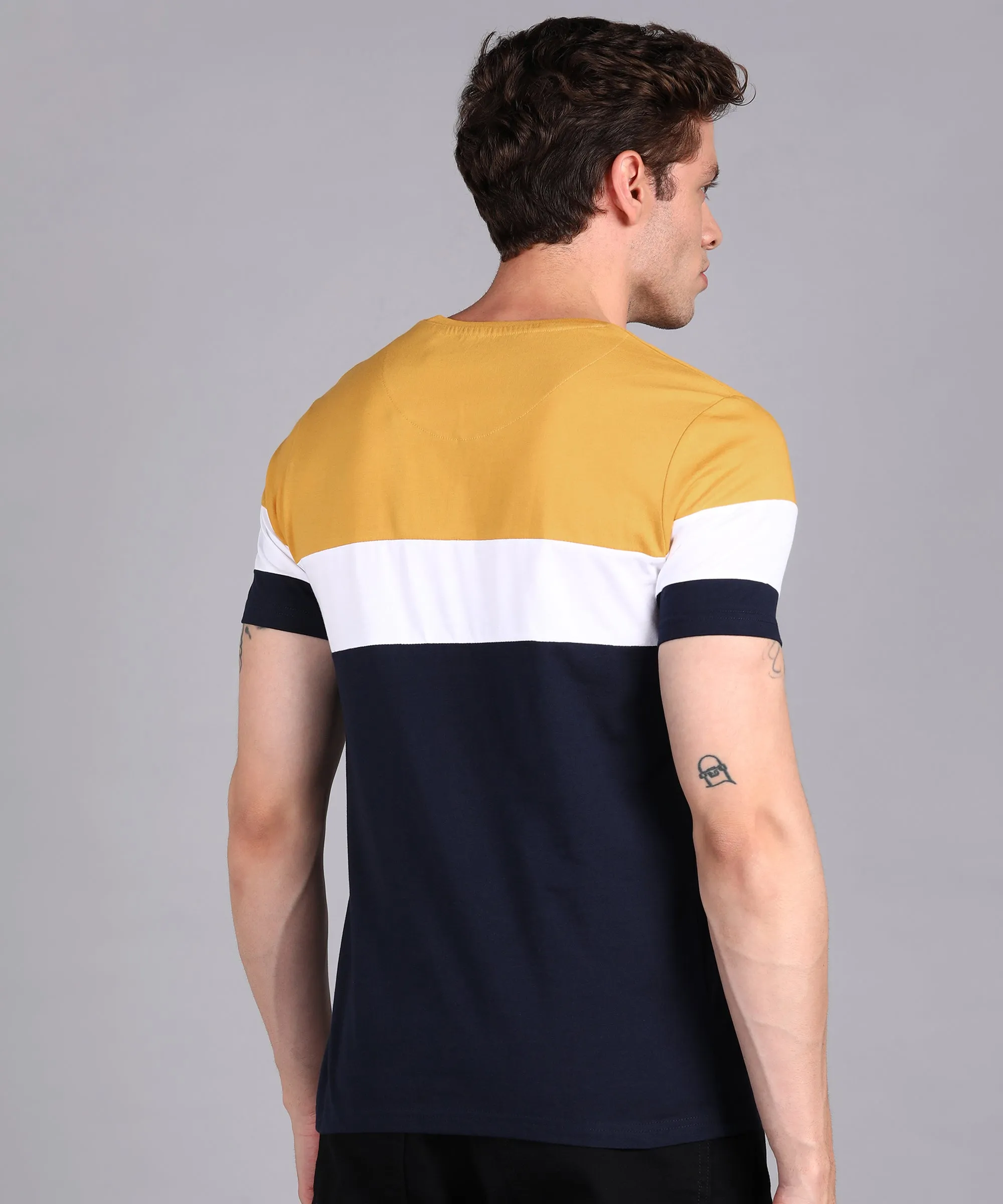 Men's Navy Blue, White, Gold Cotton Color-Block Slim Fit Half Sleeve T-Shirt