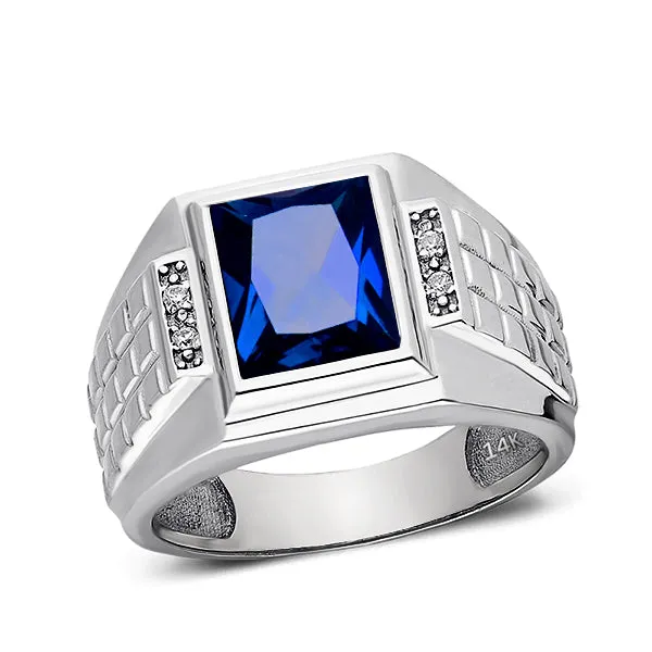 Mens Solid 14K White Gold Sapphire Ring 0.08ct Natural Diamonds Ring for Man