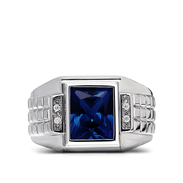 Mens Solid 14K White Gold Sapphire Ring 0.08ct Natural Diamonds Ring for Man