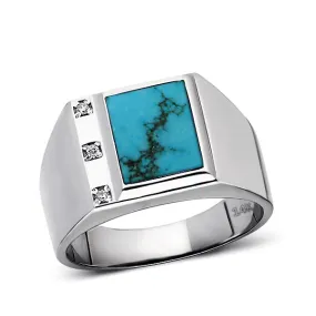 Mens Solid 14K White Gold Turquoise Ring 0.06ct Natural Diamonds Ring for Men