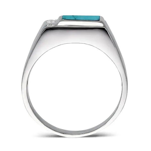 Mens Solid 14K White Gold Turquoise Ring 0.06ct Natural Diamonds Ring for Men