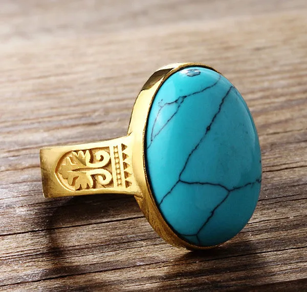 Men's Vintage Ring Blue Turquoise in 10k Yellow Gold