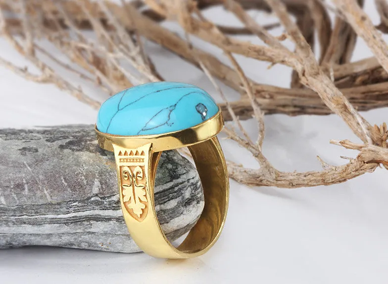 Men's Vintage Ring Blue Turquoise in 10k Yellow Gold