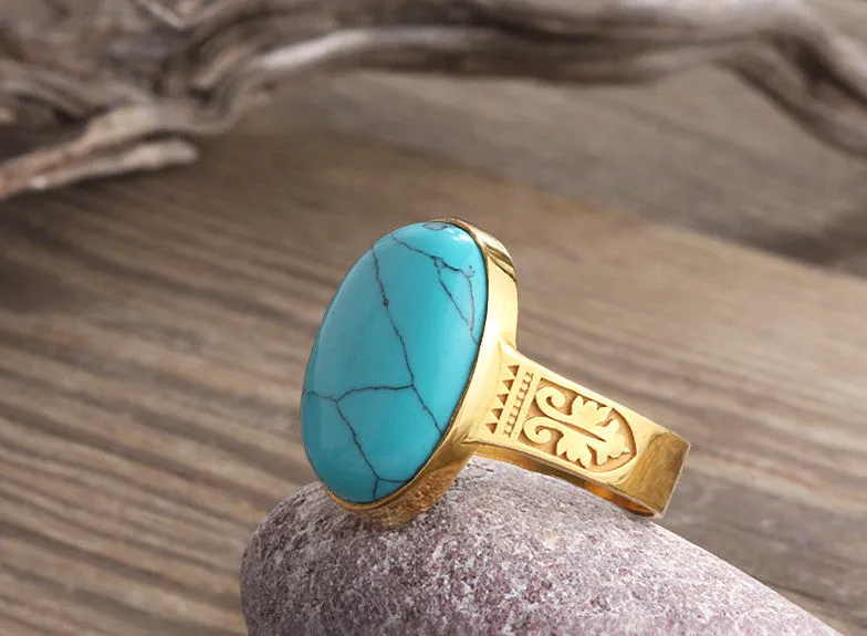 Men's Vintage Ring Blue Turquoise in 10k Yellow Gold