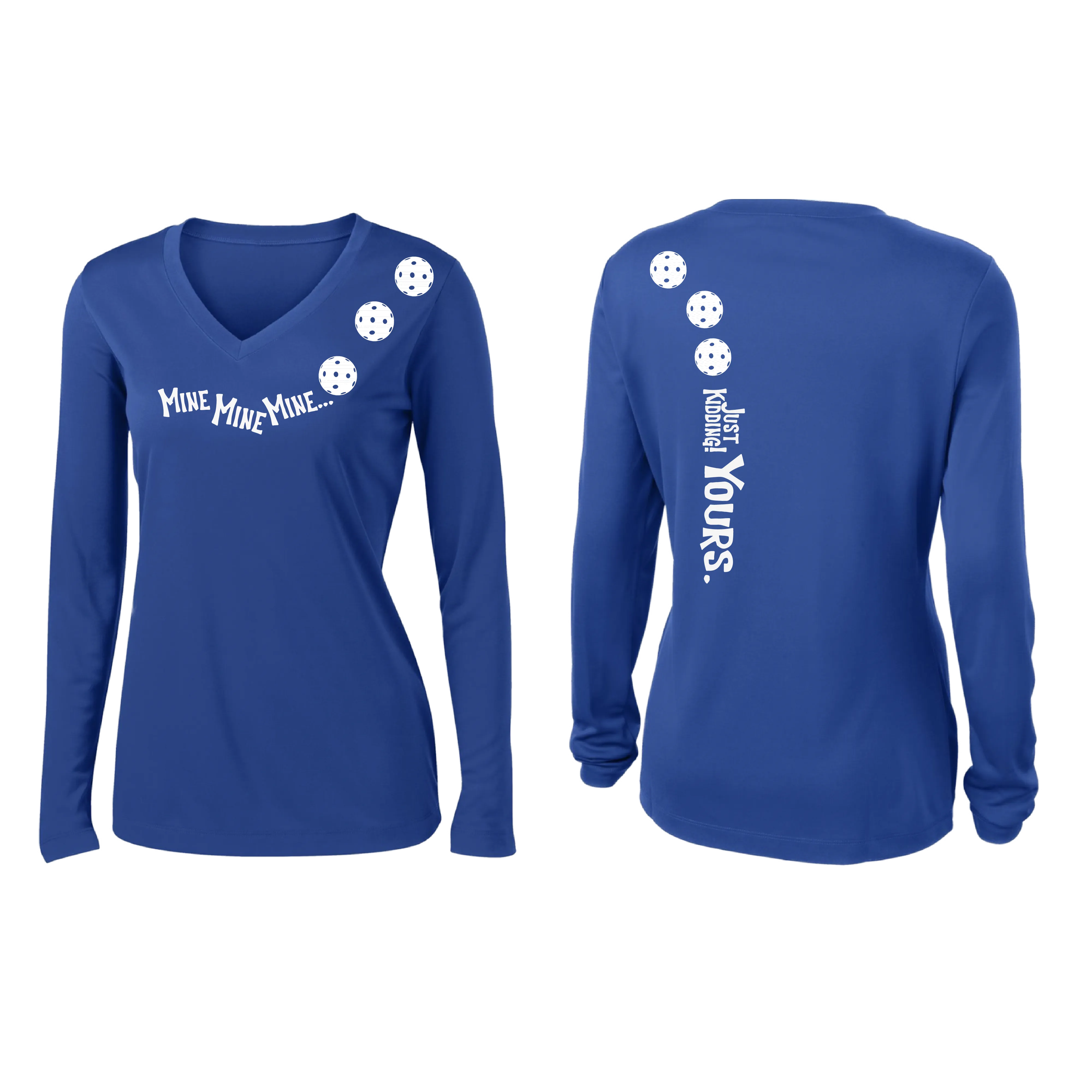 Mine JK Yours (Pickleball colors Patriotic Stars White Purple)| Women's Long Sleeve V-Neck Pickleball Shirts | 100% Polyester