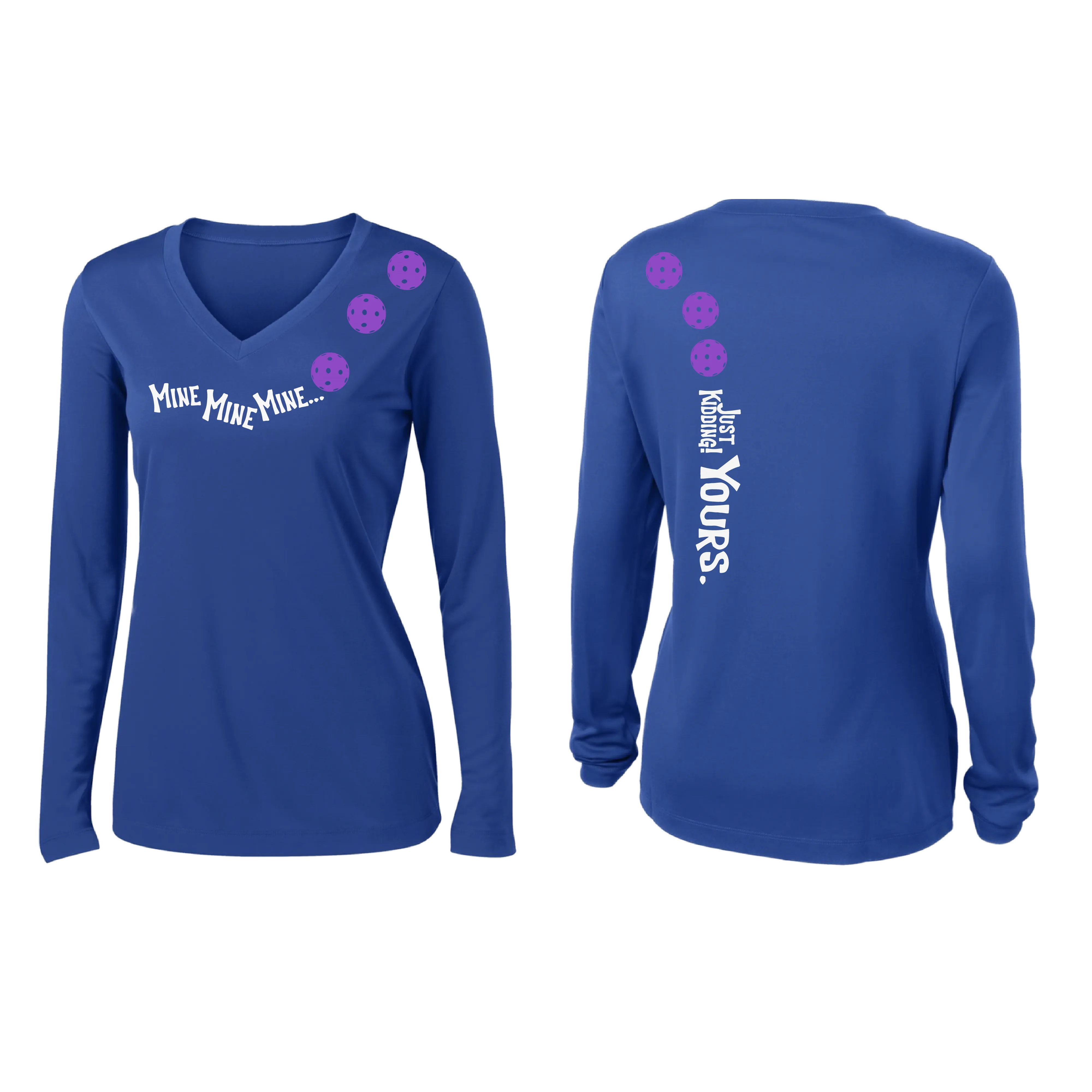 Mine JK Yours (Pickleball colors Patriotic Stars White Purple)| Women's Long Sleeve V-Neck Pickleball Shirts | 100% Polyester