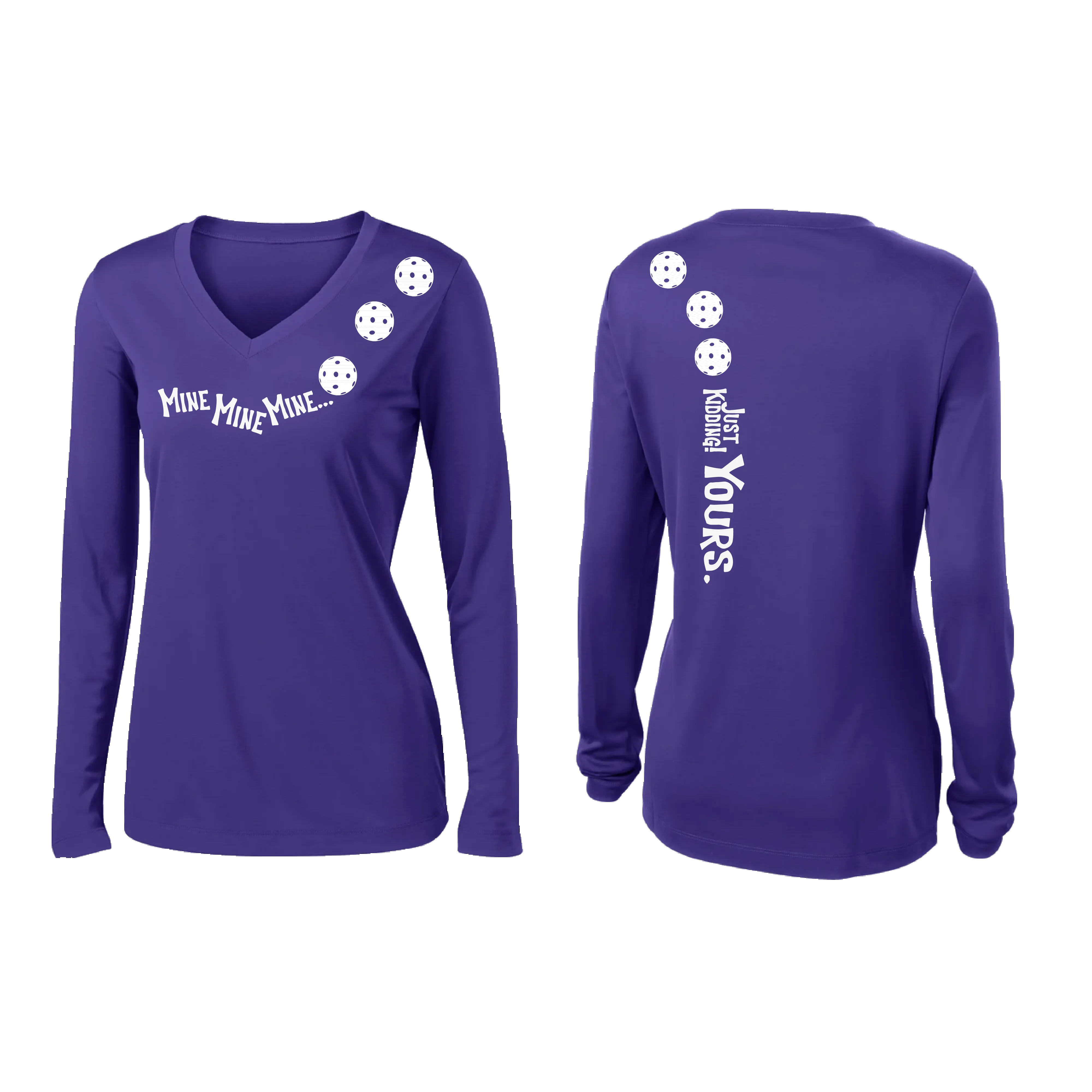 Mine JK Yours (Pickleball colors Patriotic Stars White Purple)| Women's Long Sleeve V-Neck Pickleball Shirts | 100% Polyester