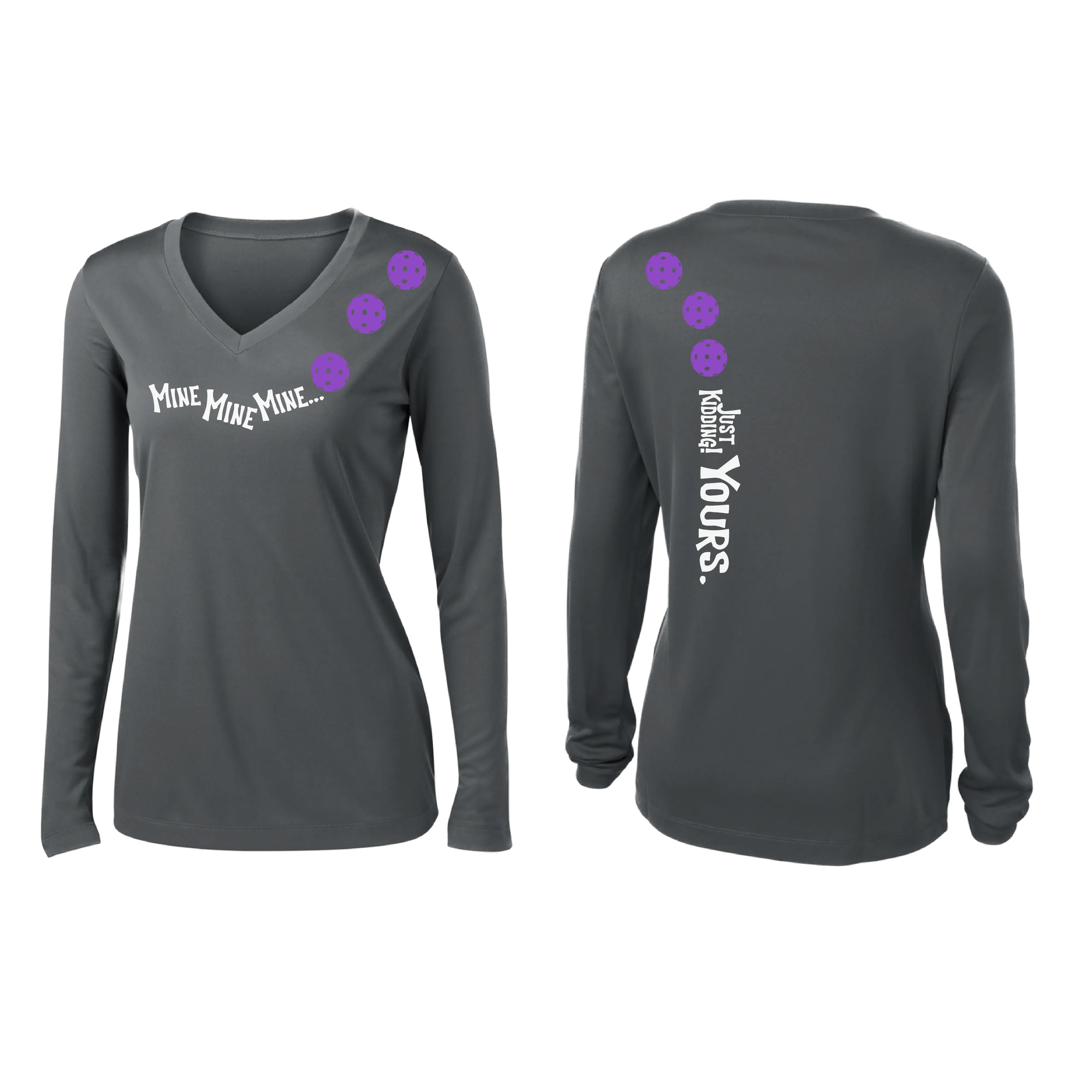 Mine JK Yours (Pickleball colors Patriotic Stars White Purple)| Women's Long Sleeve V-Neck Pickleball Shirts | 100% Polyester