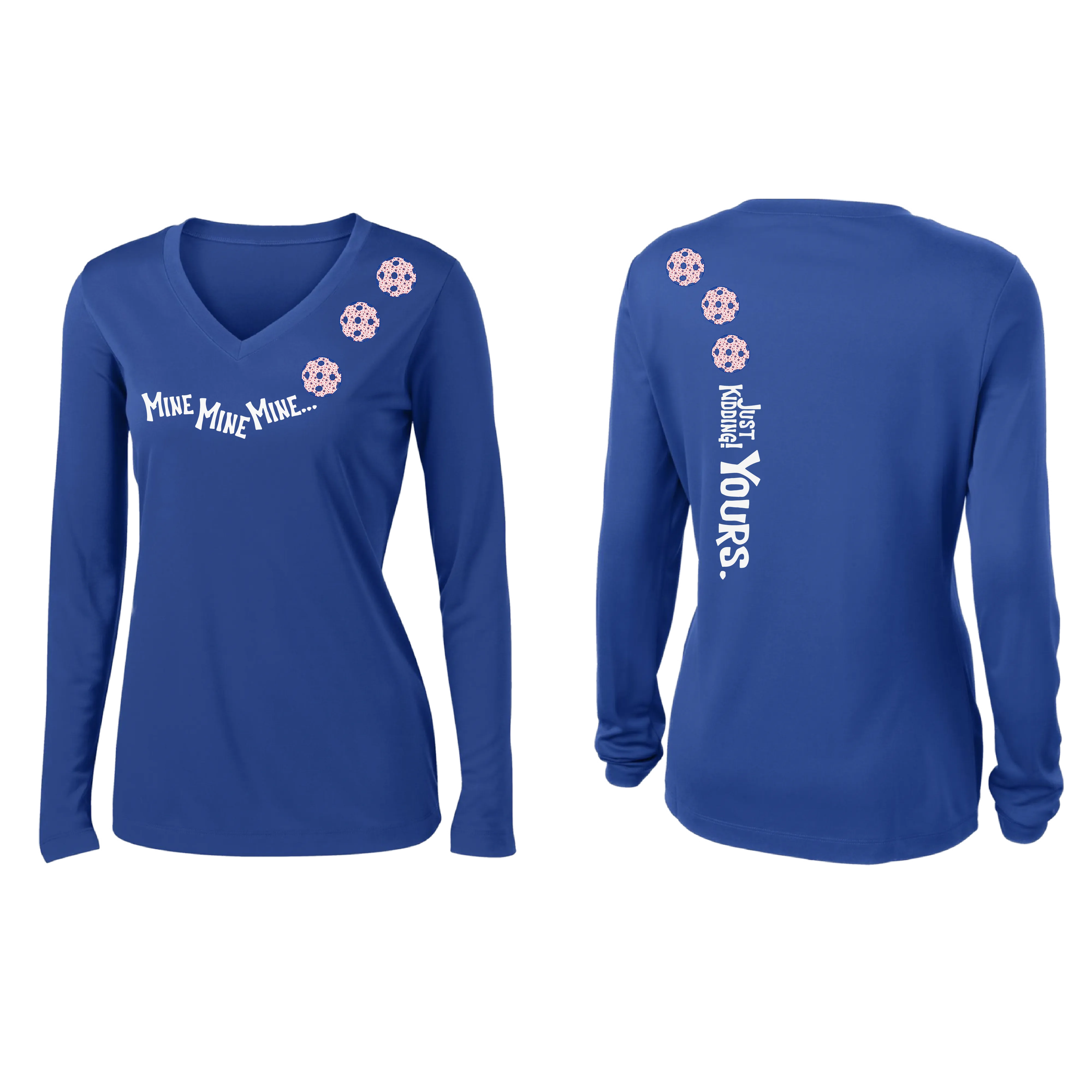 Mine JK Yours (Pickleball colors Patriotic Stars White Purple)| Women's Long Sleeve V-Neck Pickleball Shirts | 100% Polyester