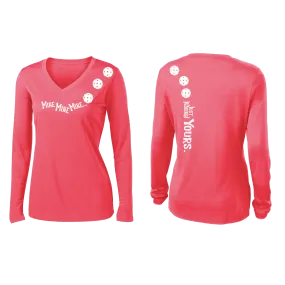 Mine JK Yours (Pickleball colors Patriotic Stars White Purple)| Women's Long Sleeve V-Neck Pickleball Shirts | 100% Polyester