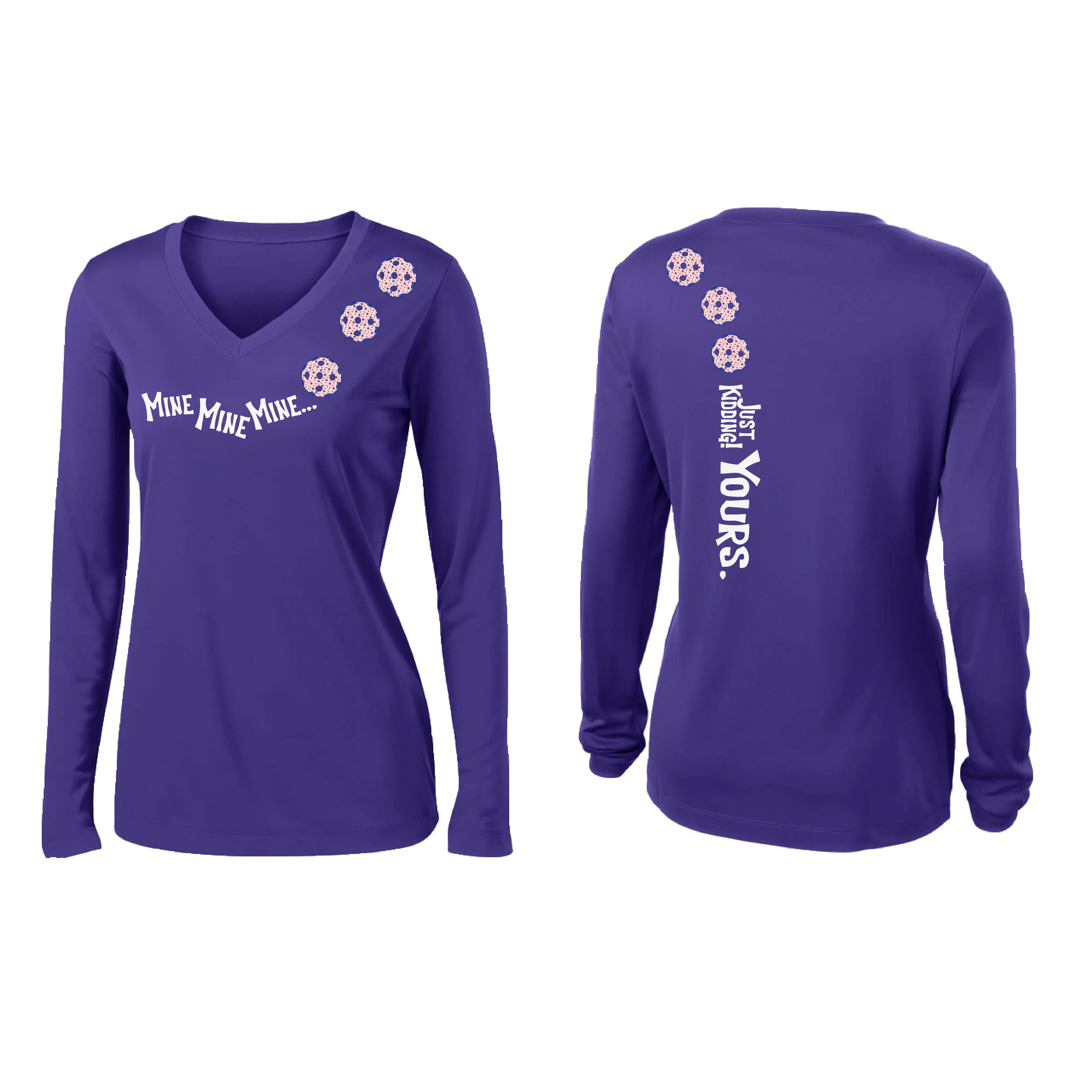 Mine JK Yours (Pickleball colors Patriotic Stars White Purple)| Women's Long Sleeve V-Neck Pickleball Shirts | 100% Polyester