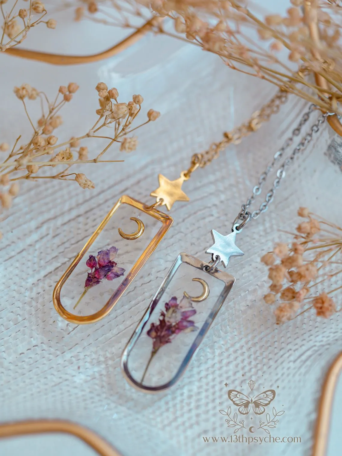 Moon and pink dried flower resin pendant necklace