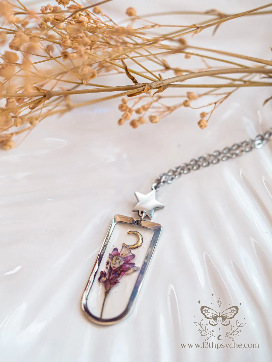 Moon and pink dried flower resin pendant necklace