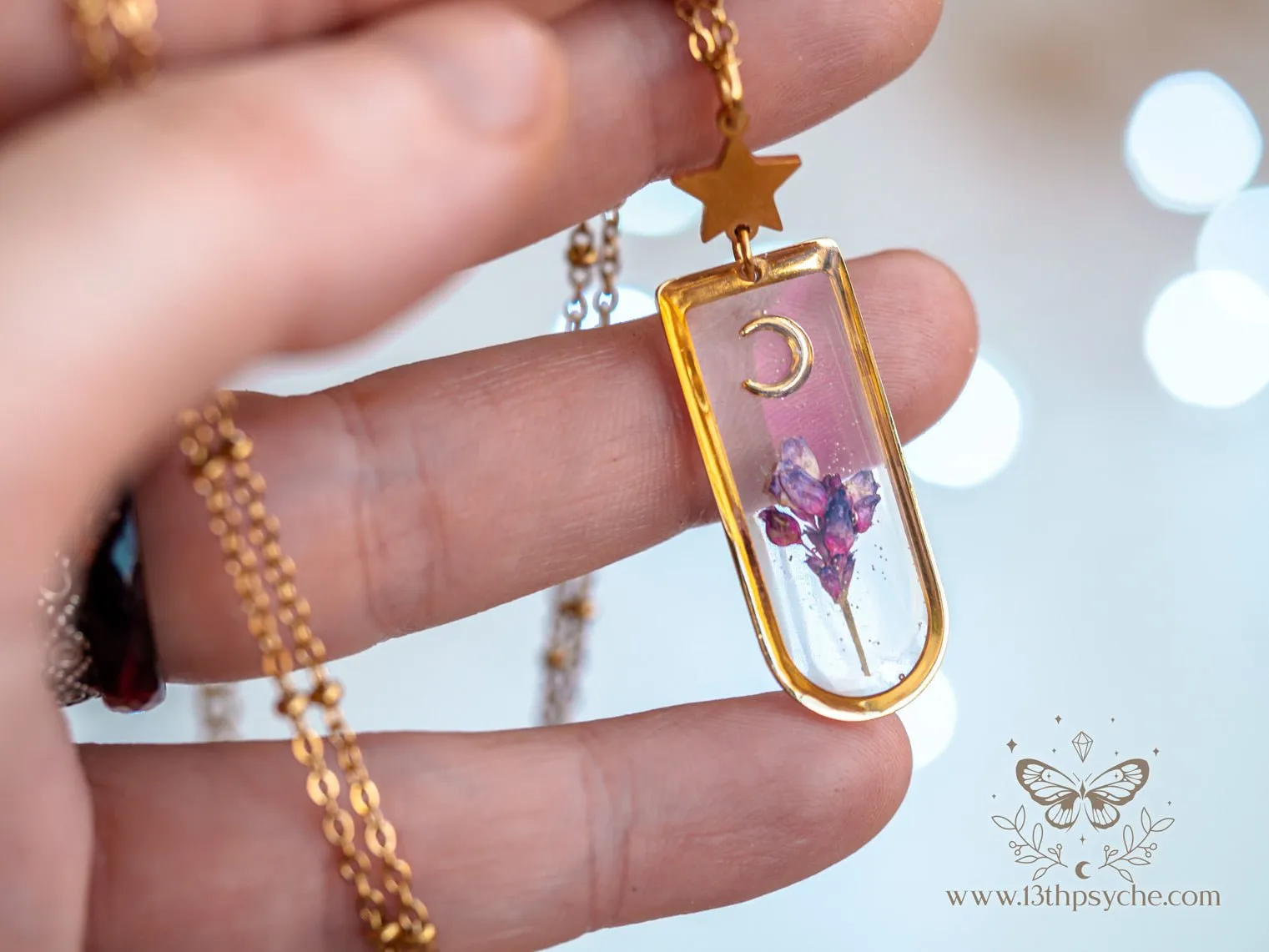 Moon and pink dried flower resin pendant necklace