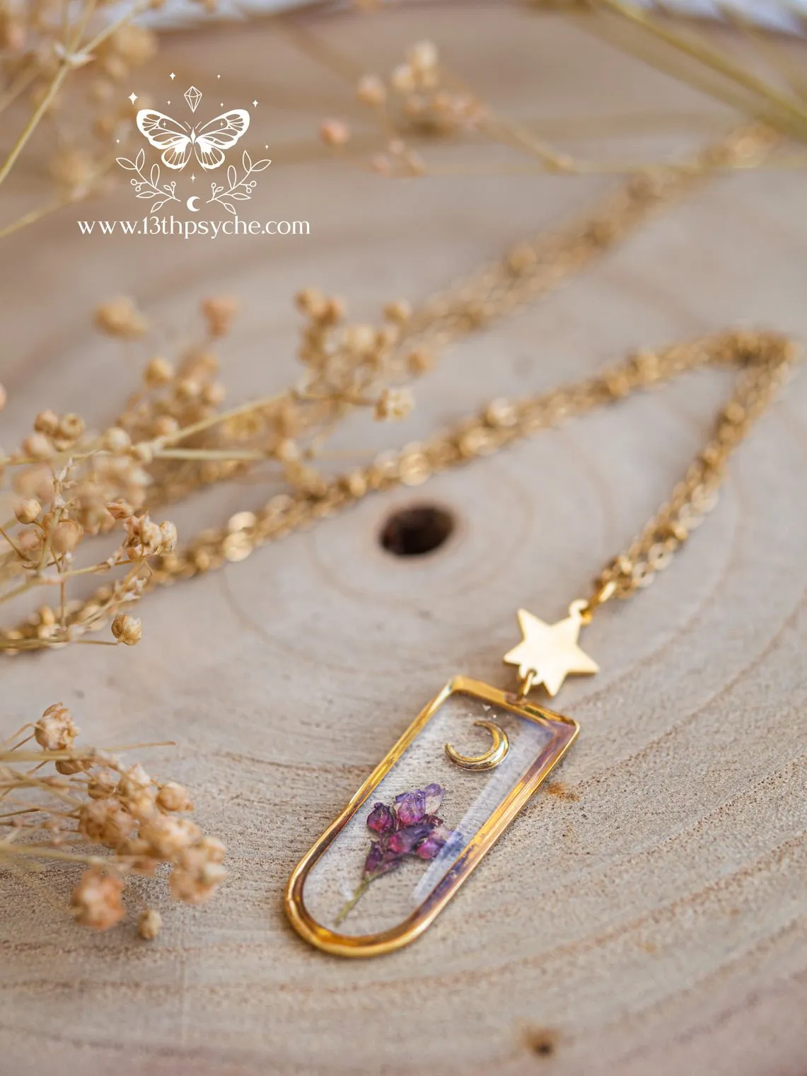 Moon and pink dried flower resin pendant necklace