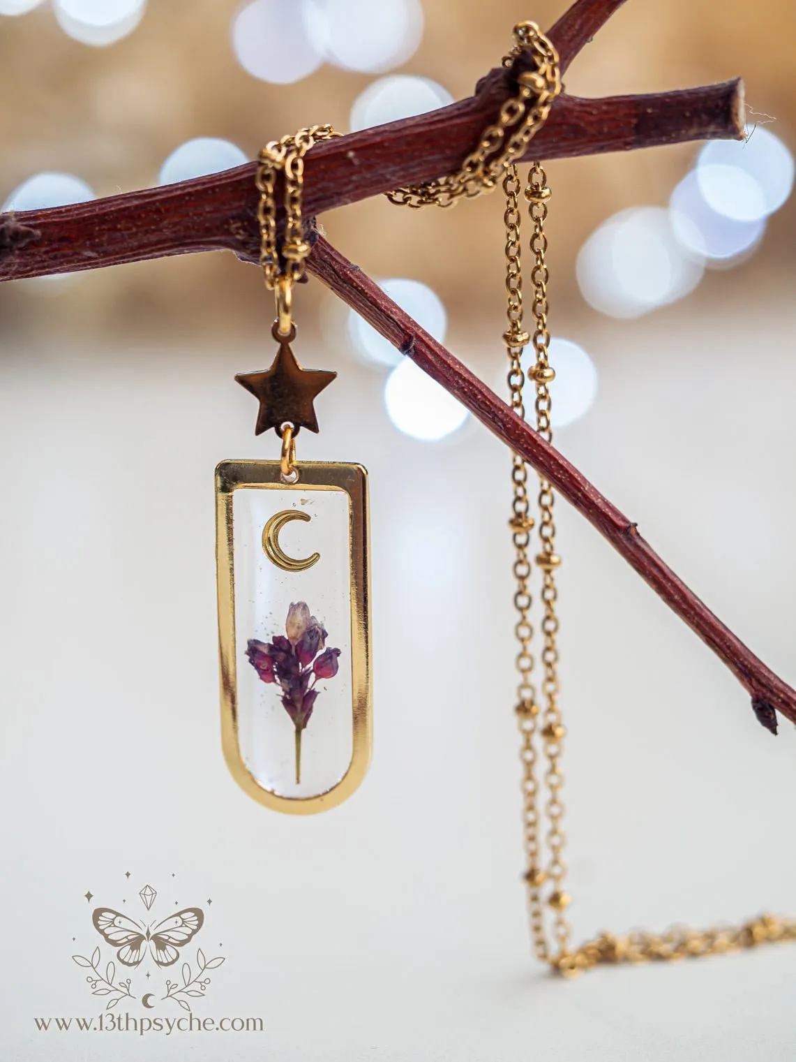 Moon and pink dried flower resin pendant necklace