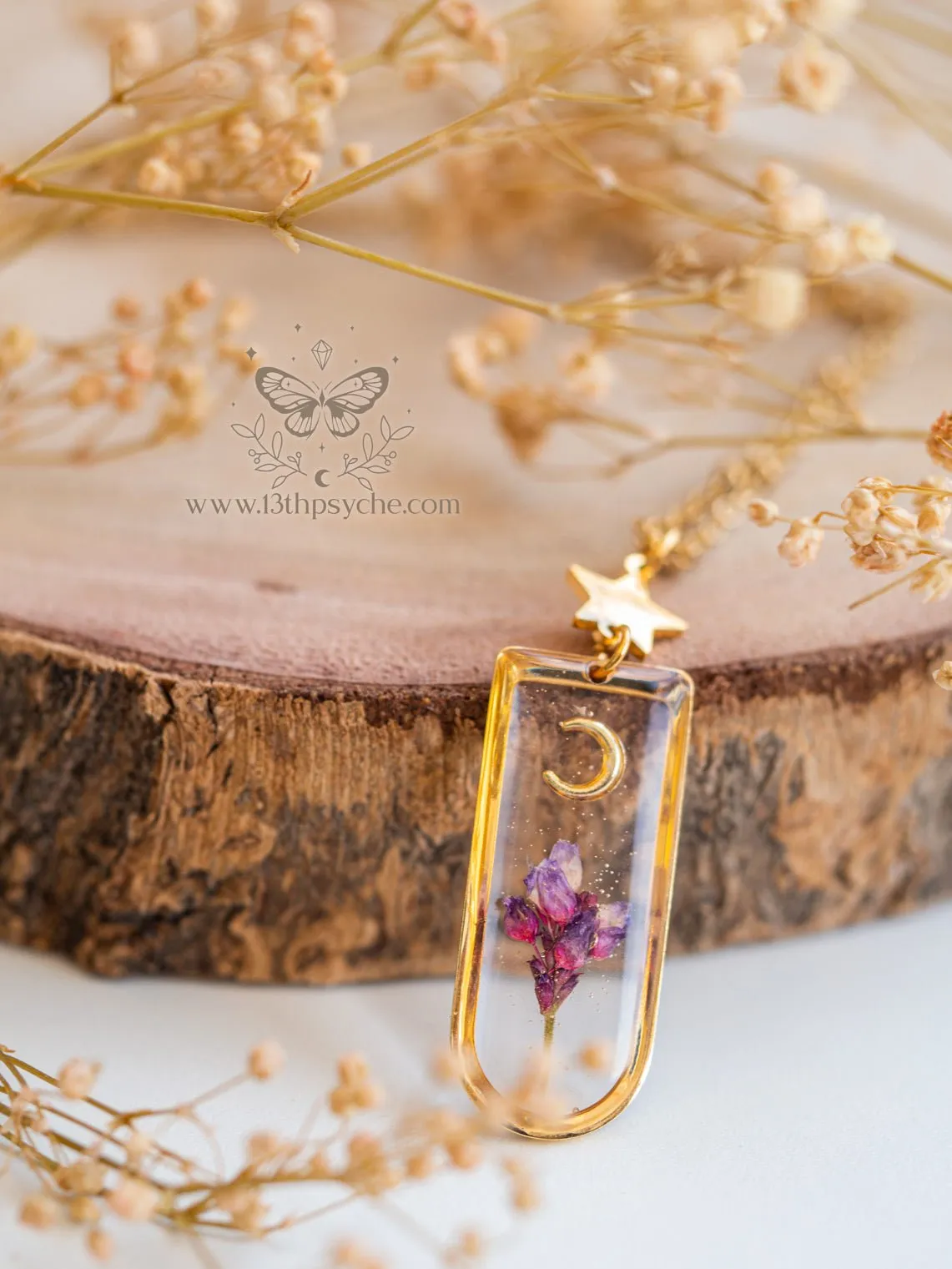 Moon and pink dried flower resin pendant necklace