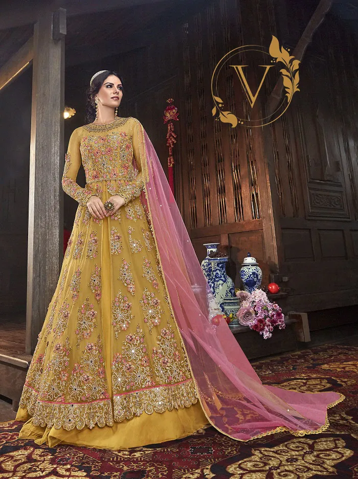 Mustard Embroidered Net Salwar Kameez