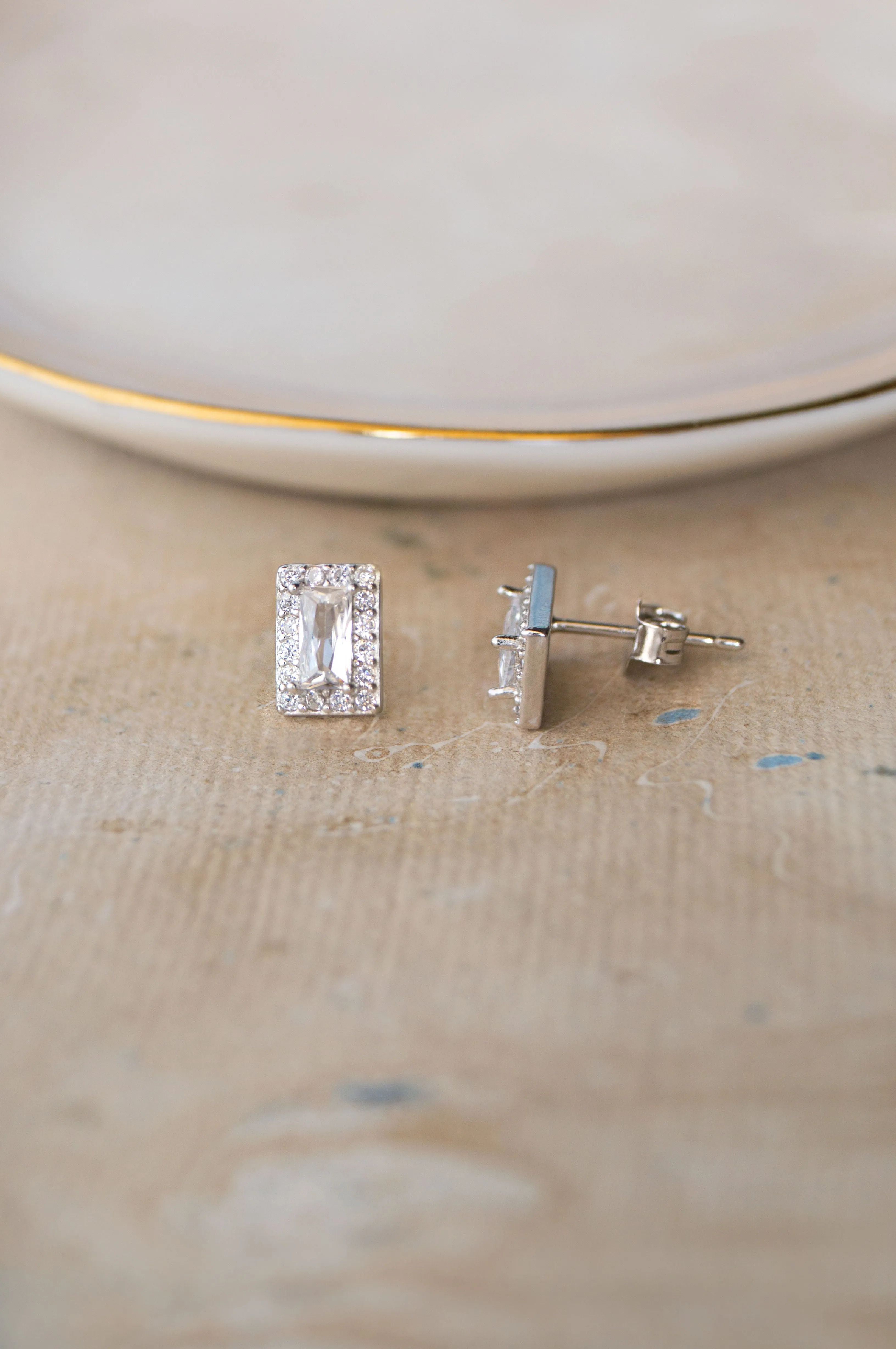 Mysterical Rectangle Solitaire Rose Gold Plated Sterling Silver Stud Earrings