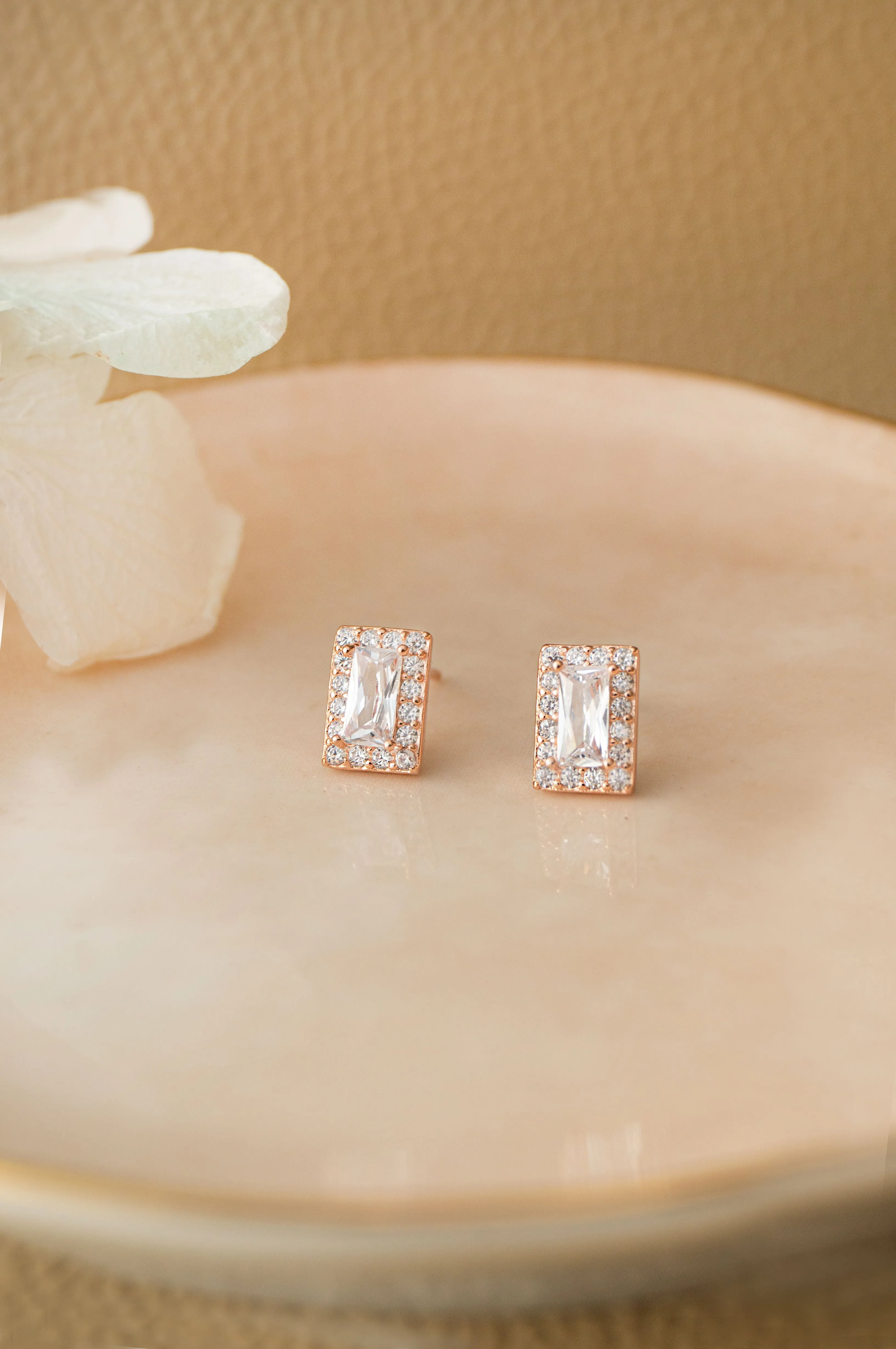 Mysterical Rectangle Solitaire Rose Gold Plated Sterling Silver Stud Earrings