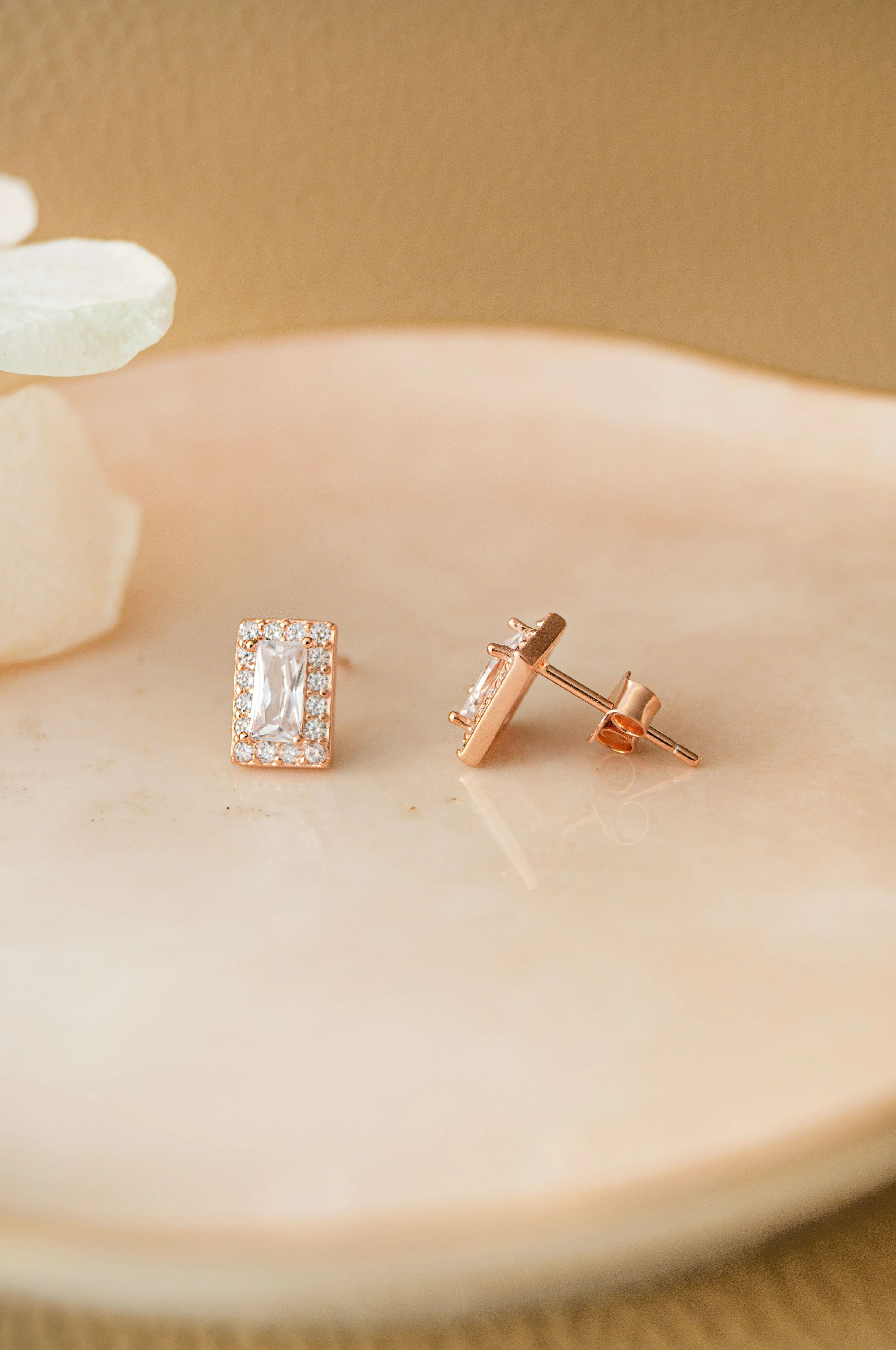 Mysterical Rectangle Solitaire Rose Gold Plated Sterling Silver Stud Earrings