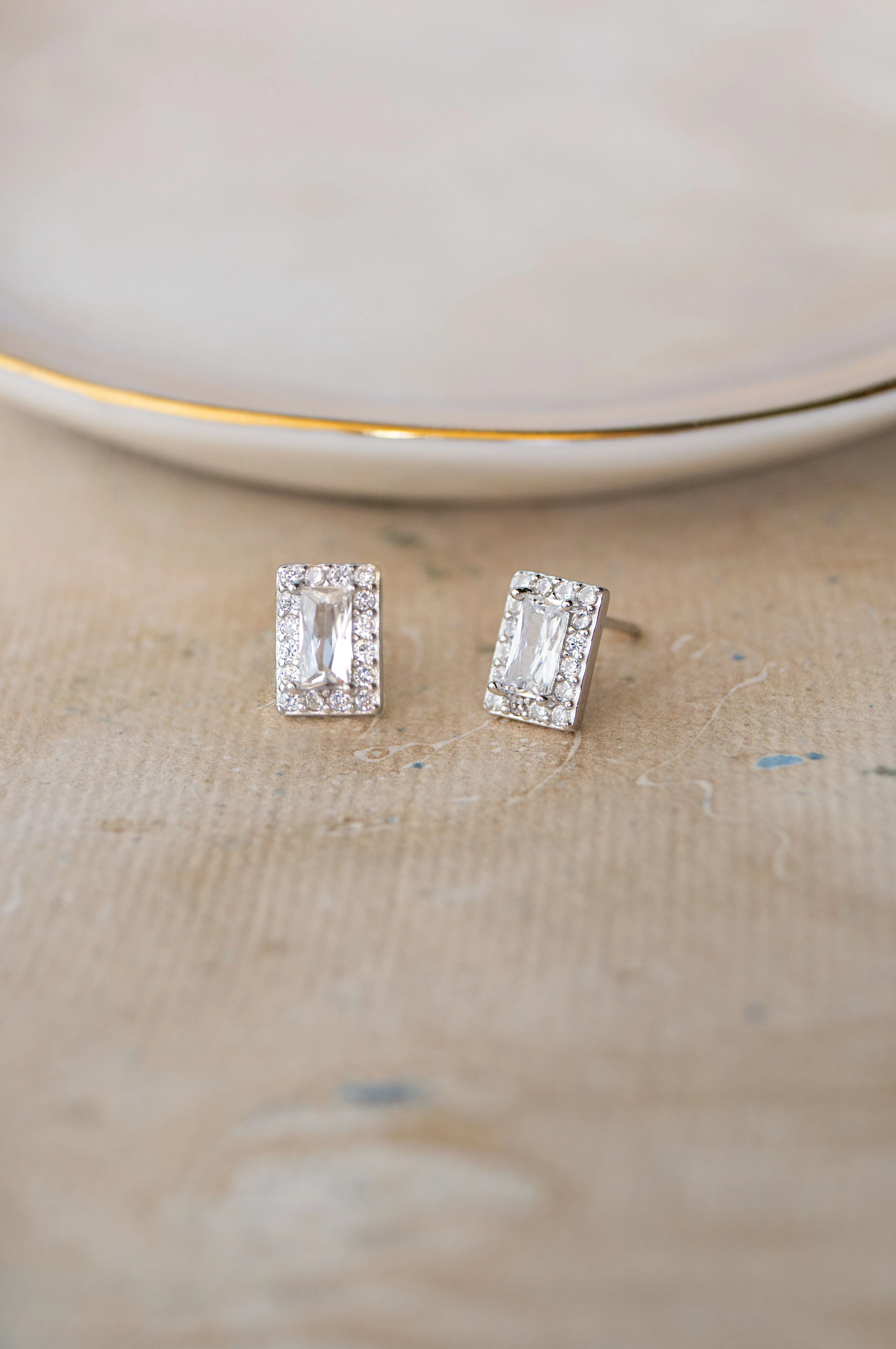 Mysterical Rectangle Solitaire Rose Gold Plated Sterling Silver Stud Earrings