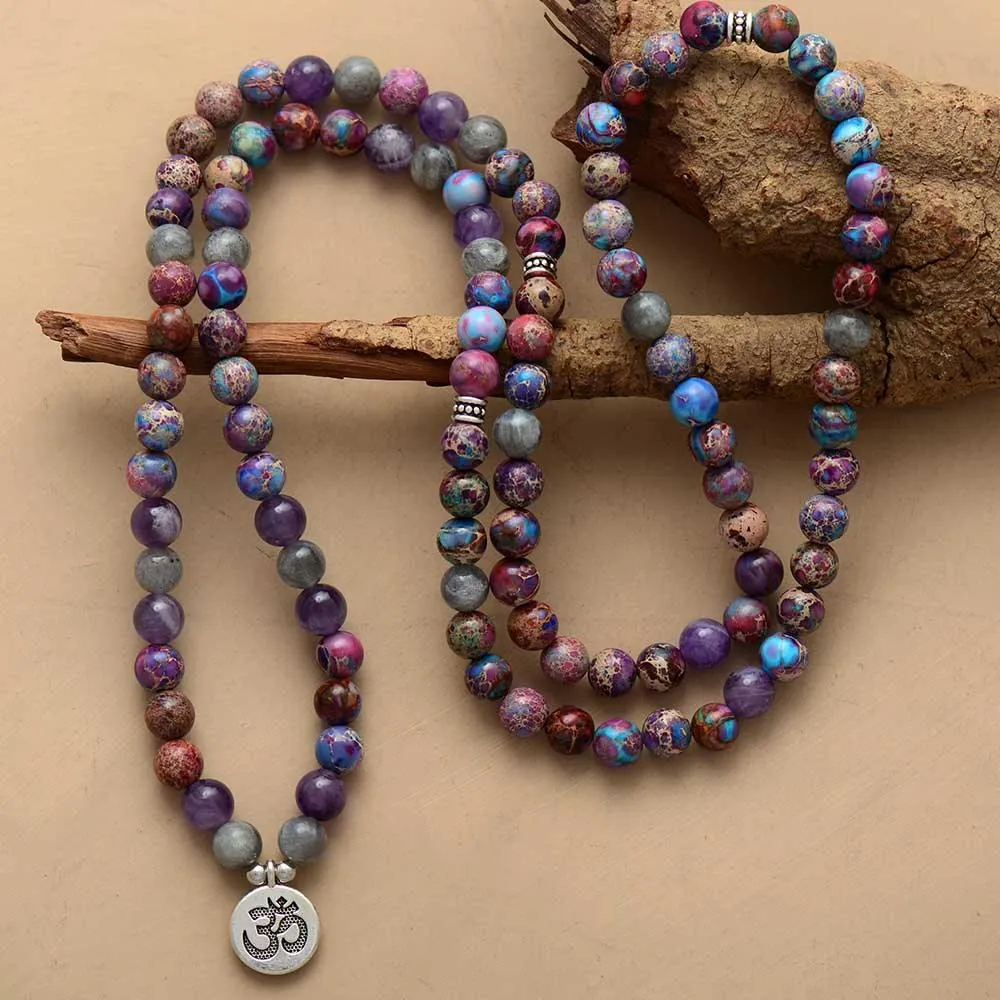 'OM Charm' Jasper, Amethyst, Labradorite 108 Mala