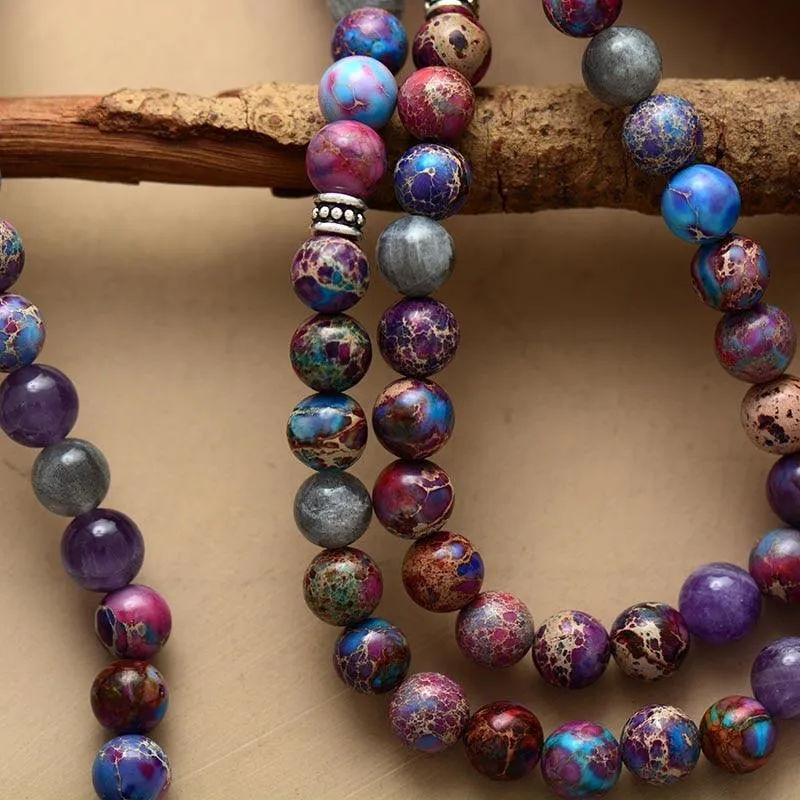 'OM Charm' Jasper, Amethyst, Labradorite 108 Mala